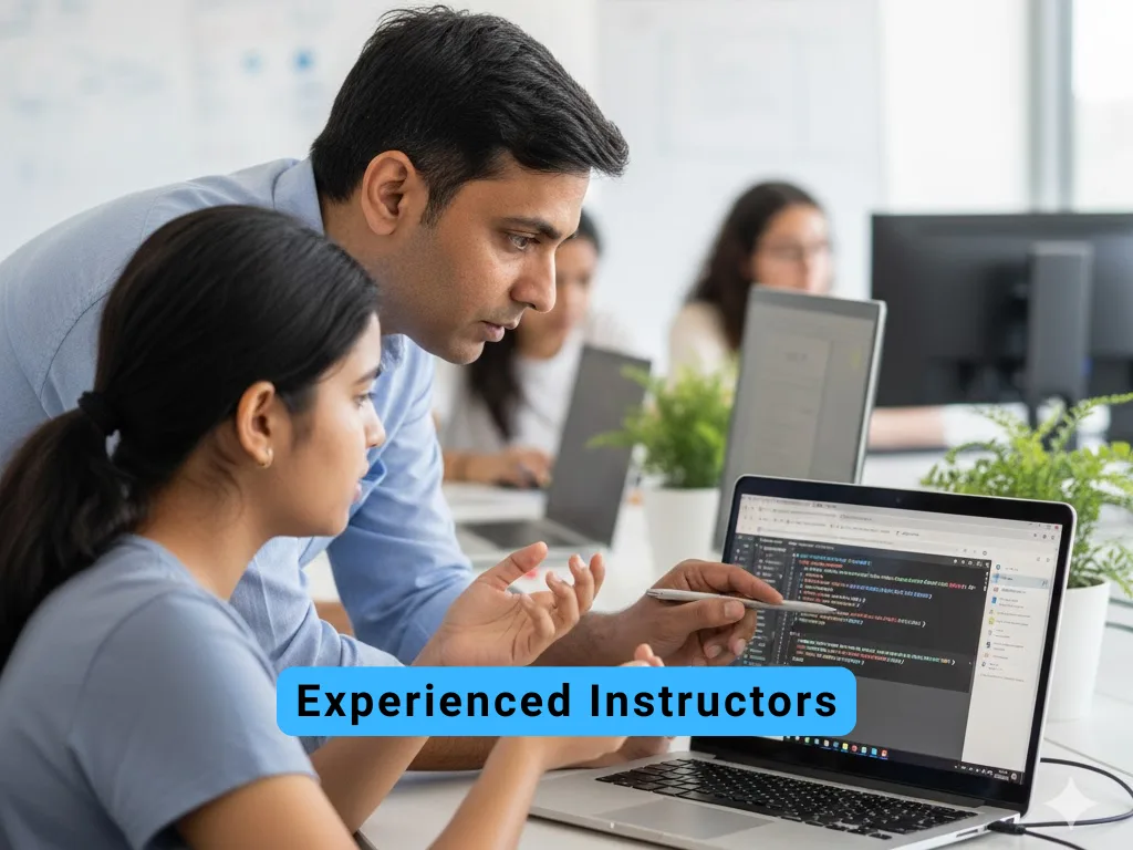 Experienced Indian instructor providing one-on-one coding assistance to a focused undergraduate student.