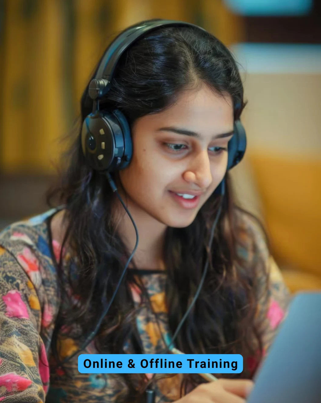 Young woman with headphones engaged in online learning/training on a laptop