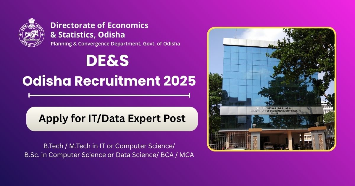 DE&S Odisha Recruitment 2025 – IT/Data Expert Vacancy under Directorate of Economics and Statistics, Government of Odisha, apply before 15 November 2025