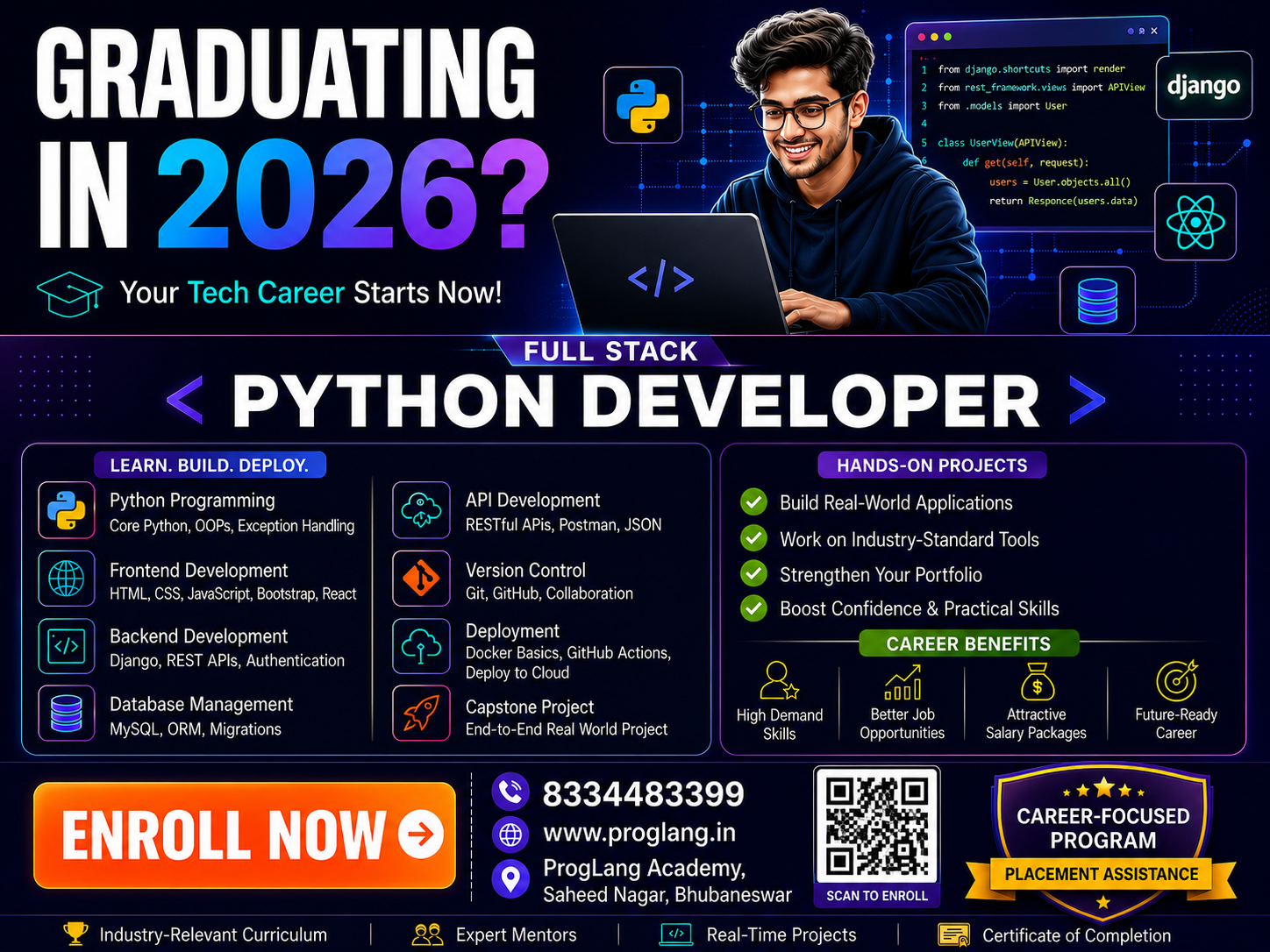 Join ProgLang Academy Bhubaneswar for Full Stack Python Developer Training with Hands-on Projects and Placement Assistance