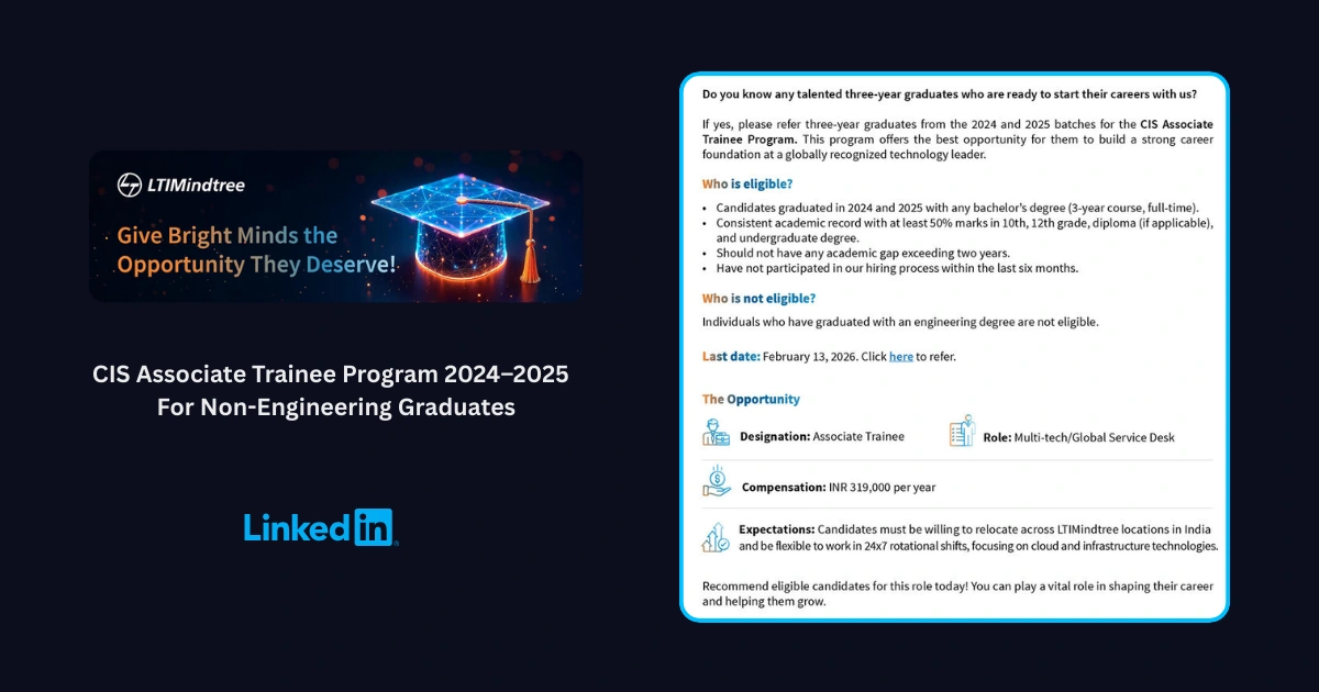 LTIMindtree’s CIS Associate Trainee Program 2024–2025 is opening doors for non-engineering graduates to kick-start a global tech career.